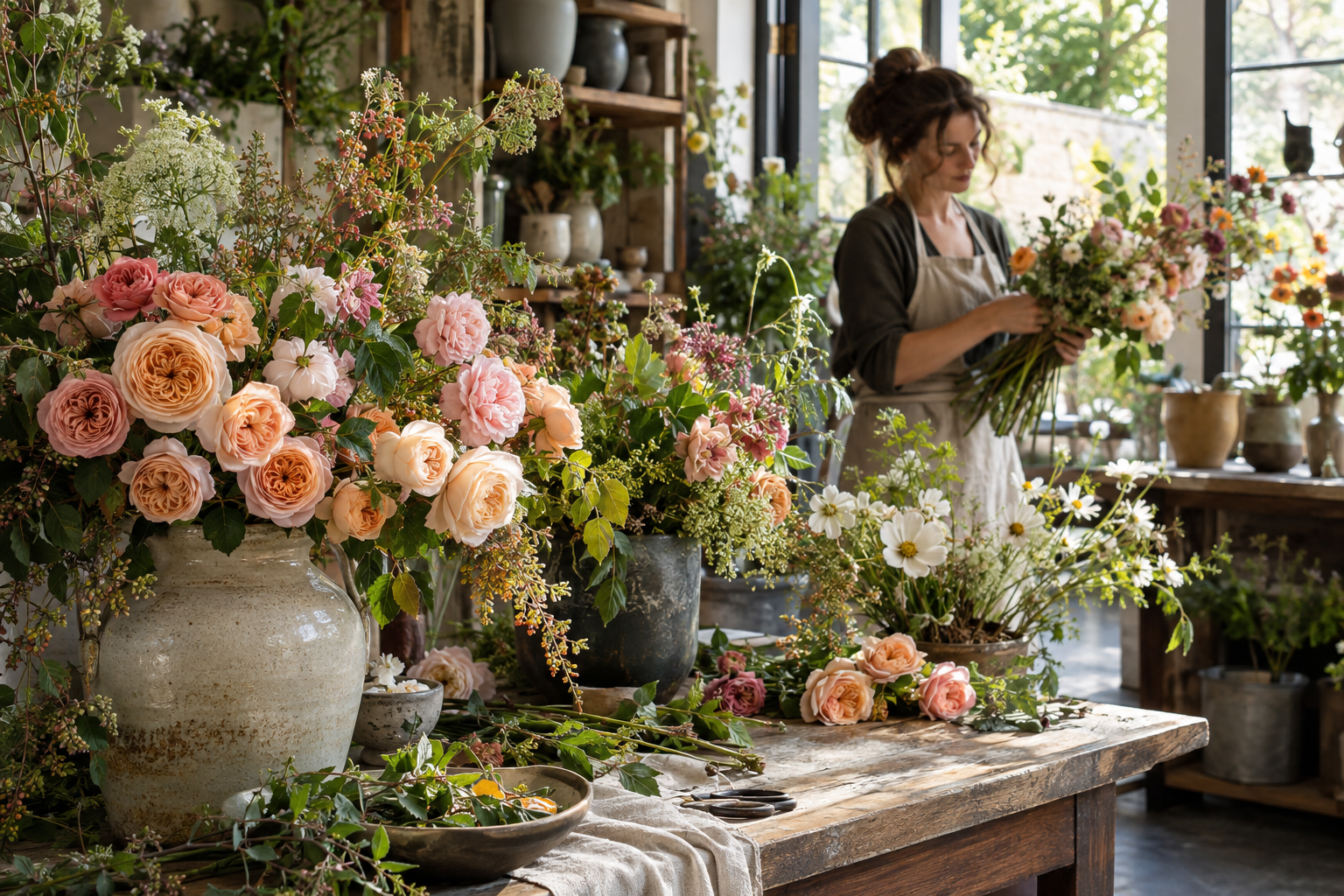Flores frescas en una floristería artesanal